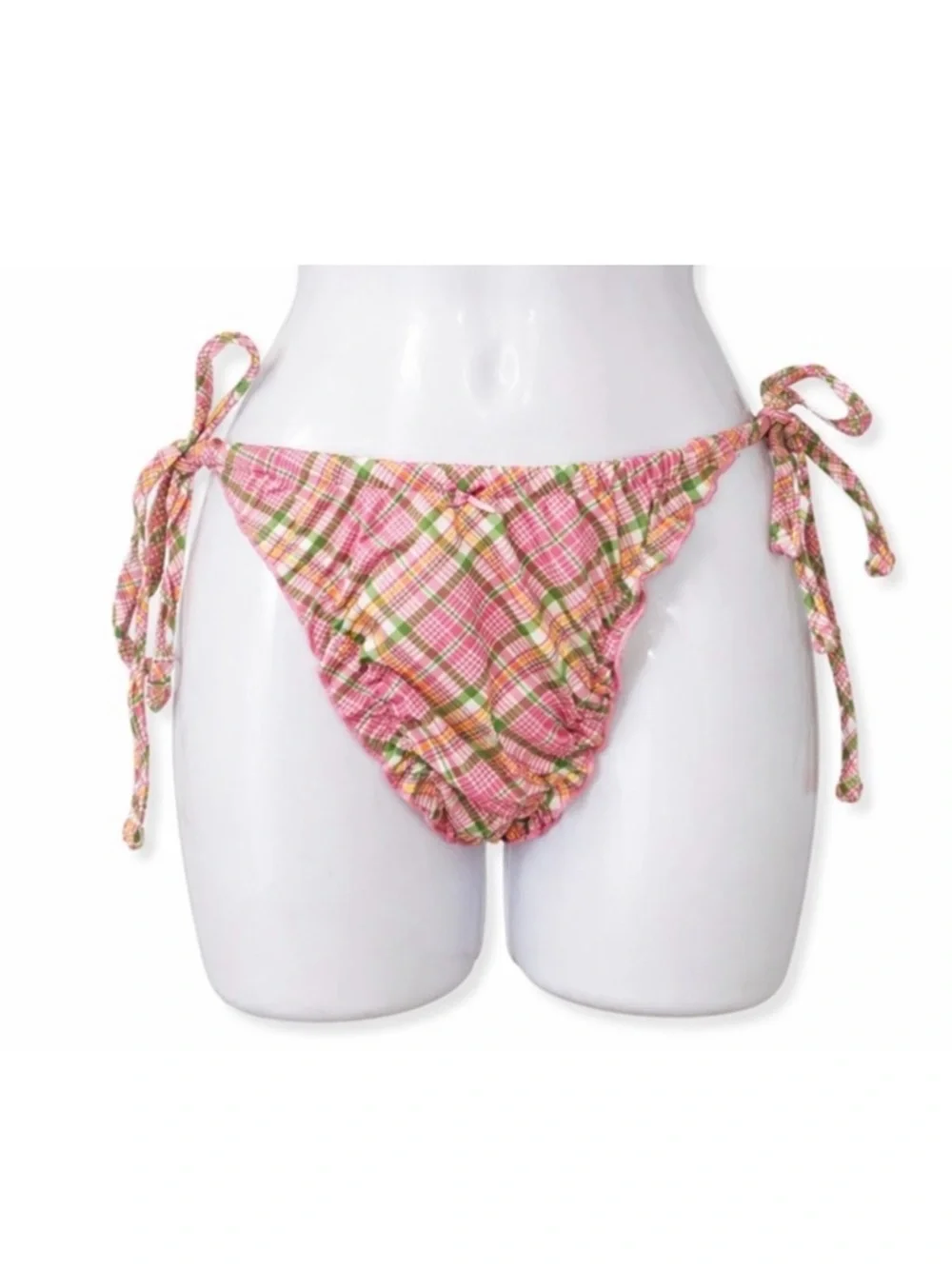 Frankies Bikinis Pink Plaid Ruffle Triangle Bikini Set Size L Bottom